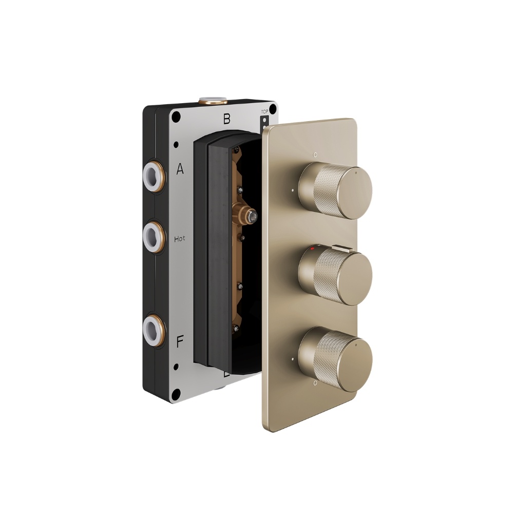 Product Cut out image of the Abacus Iso Pro Brushed Nickel 3 Outlet 3 Handle Thermostatic Shower Valve